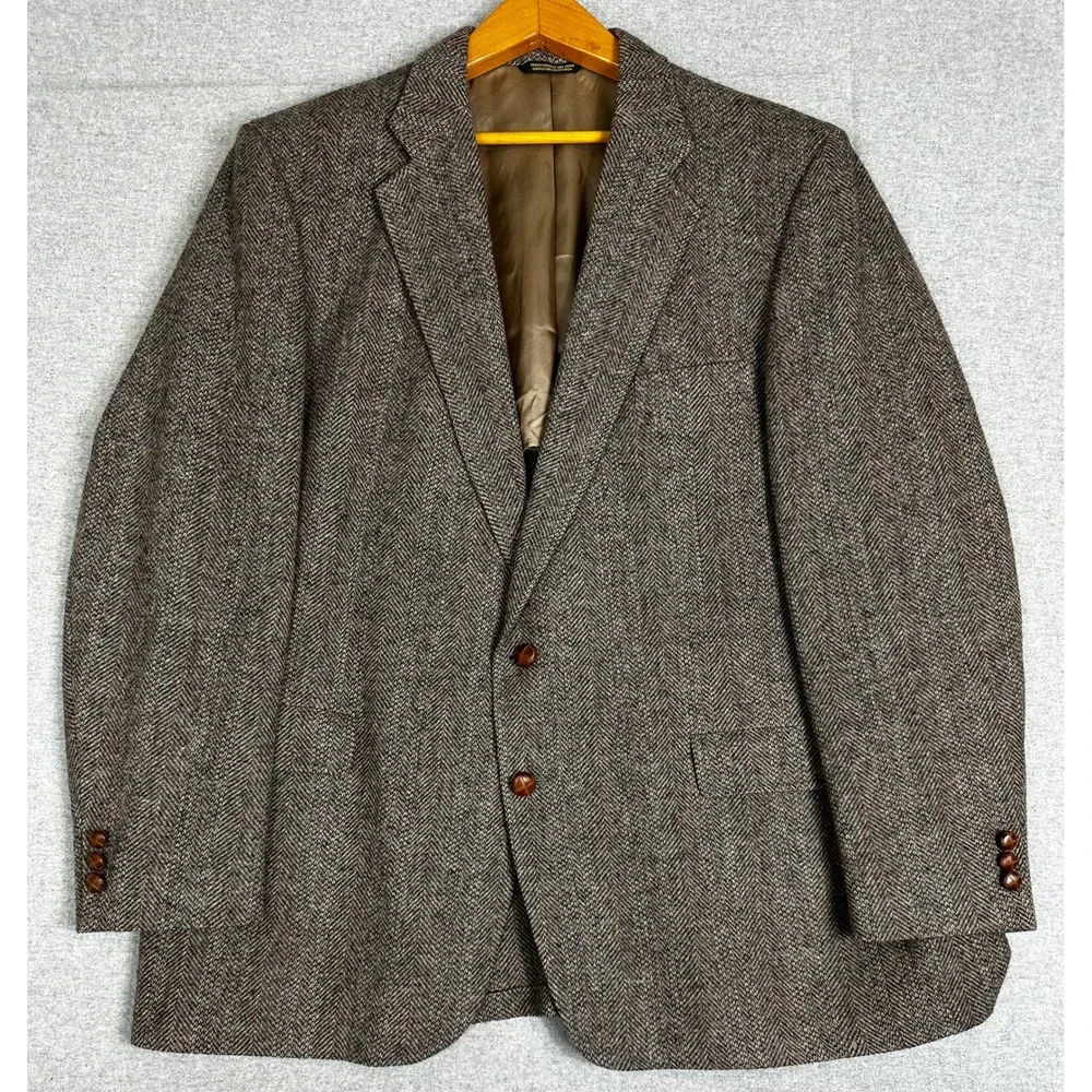 Vintage Tweed Blazer Mens 50 Brown Unstructured Wool Herringbone Jacket